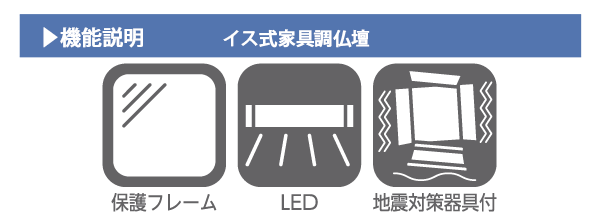 機能説明ロゴ・保護フレーム、LED照明、地震対策器具付